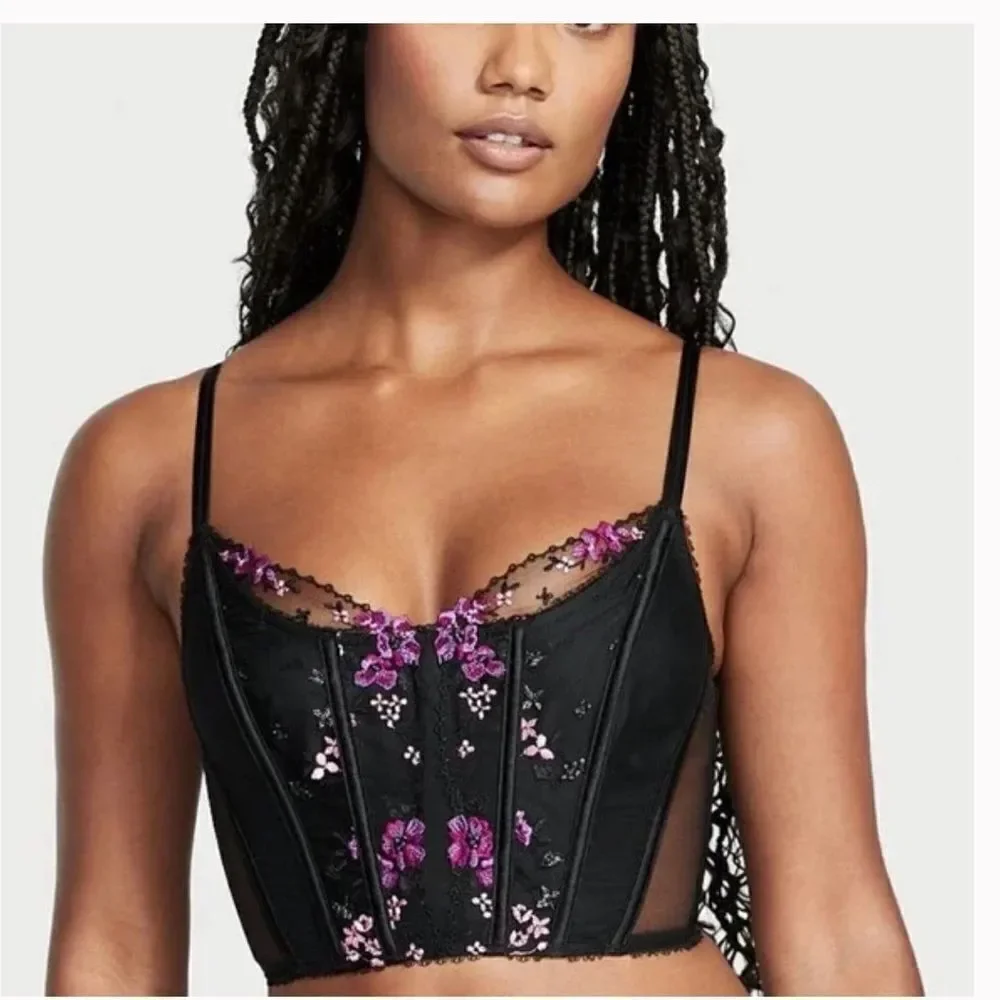 Victorias Secret Very Sexy Unlined Black Floral Embroidery Corset Top